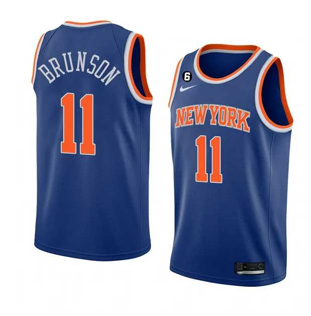 Men's New Yok Knicks #11 Jalen Brunson Blue With NO.6 Patch Stitched Basketball Jersey Dzhi